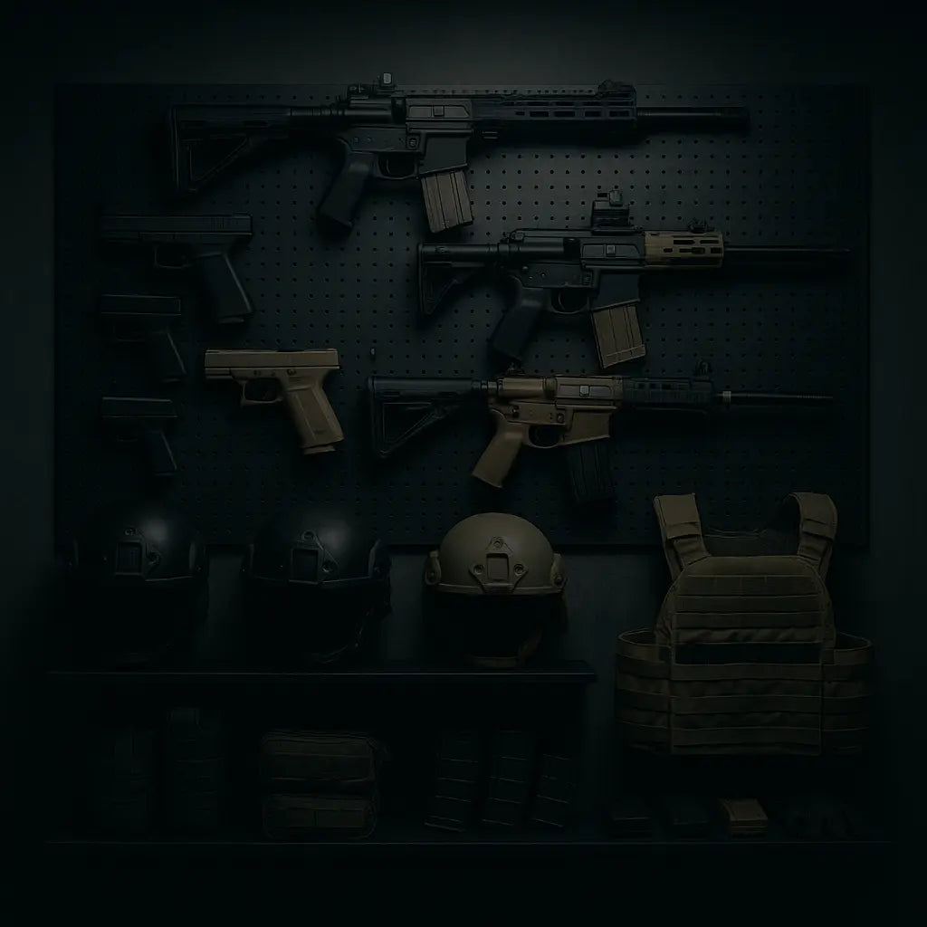 Assorted tactical gear including guns, a helmet, and a vest on a dark pegboard.
