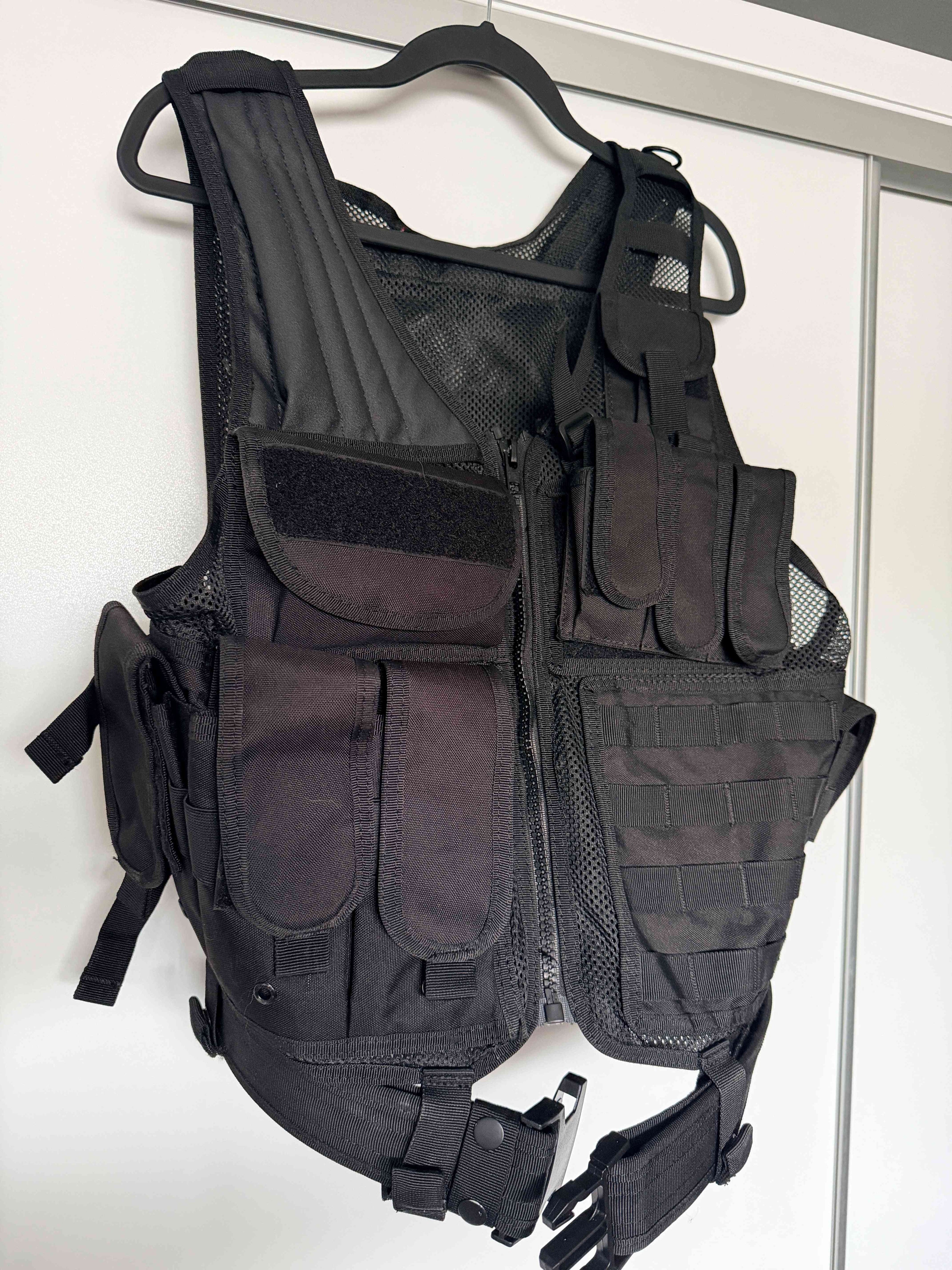 Black tactical mesh vest with MOLLE pouches zip front – gel blaster gear QLD