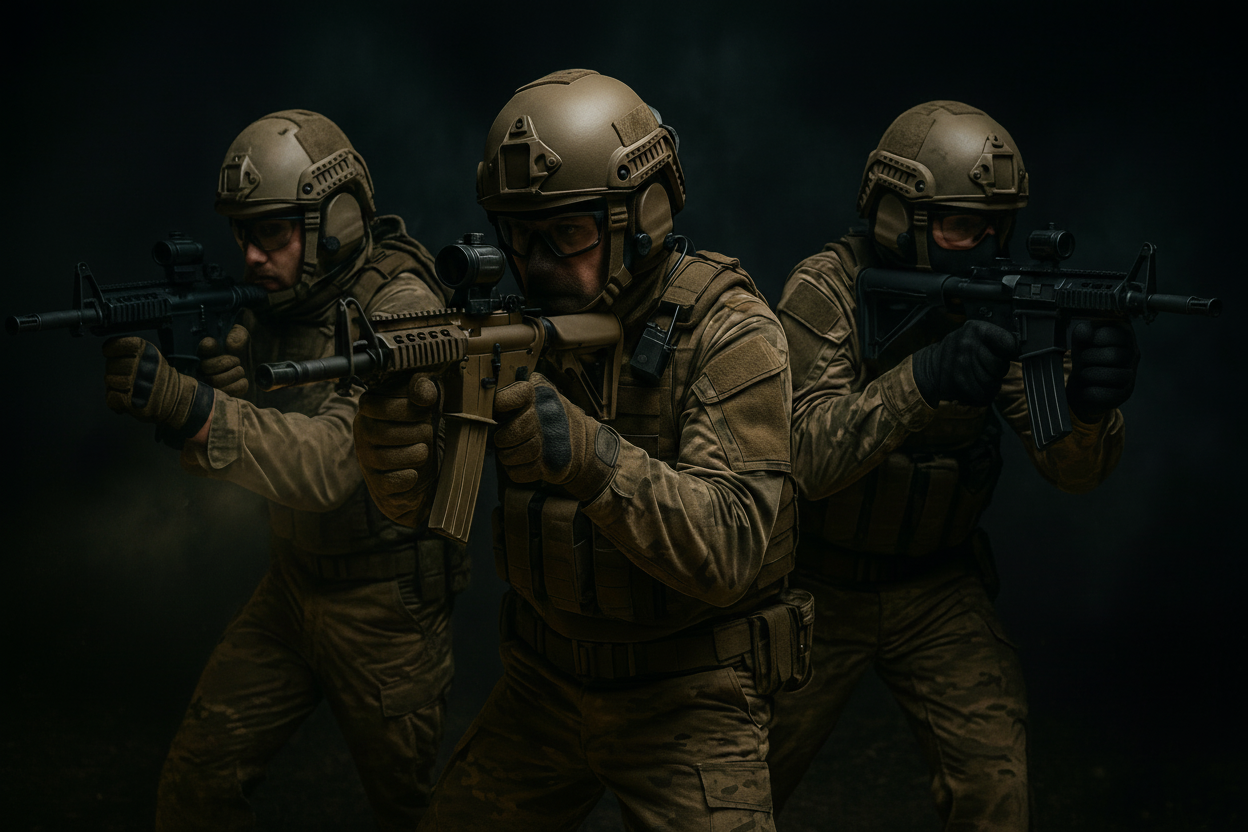 Three soldiers in tactical gear holding firearms against a dark background