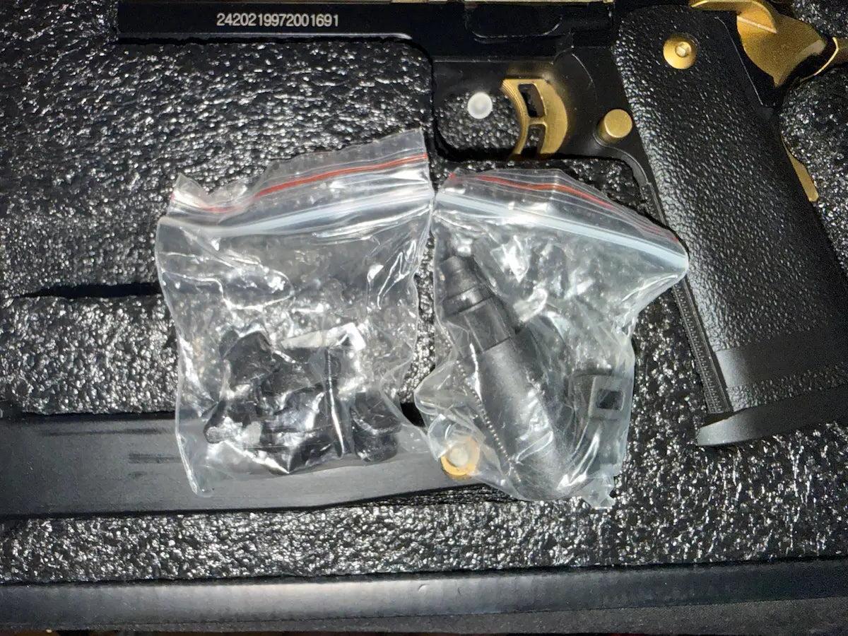 JG Works Hi-Capa 4.3 CO2 GBB Gel Blaster Pistol, Gold/Black (Mag Needs Repair)