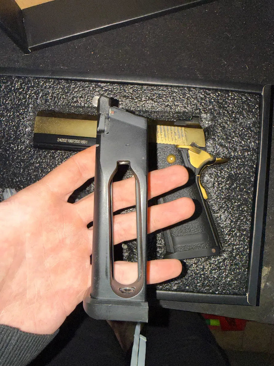 JG Works Hi-Capa 4.3 CO2 GBB Gel Blaster Pistol, Gold/Black (Mag Needs Repair)