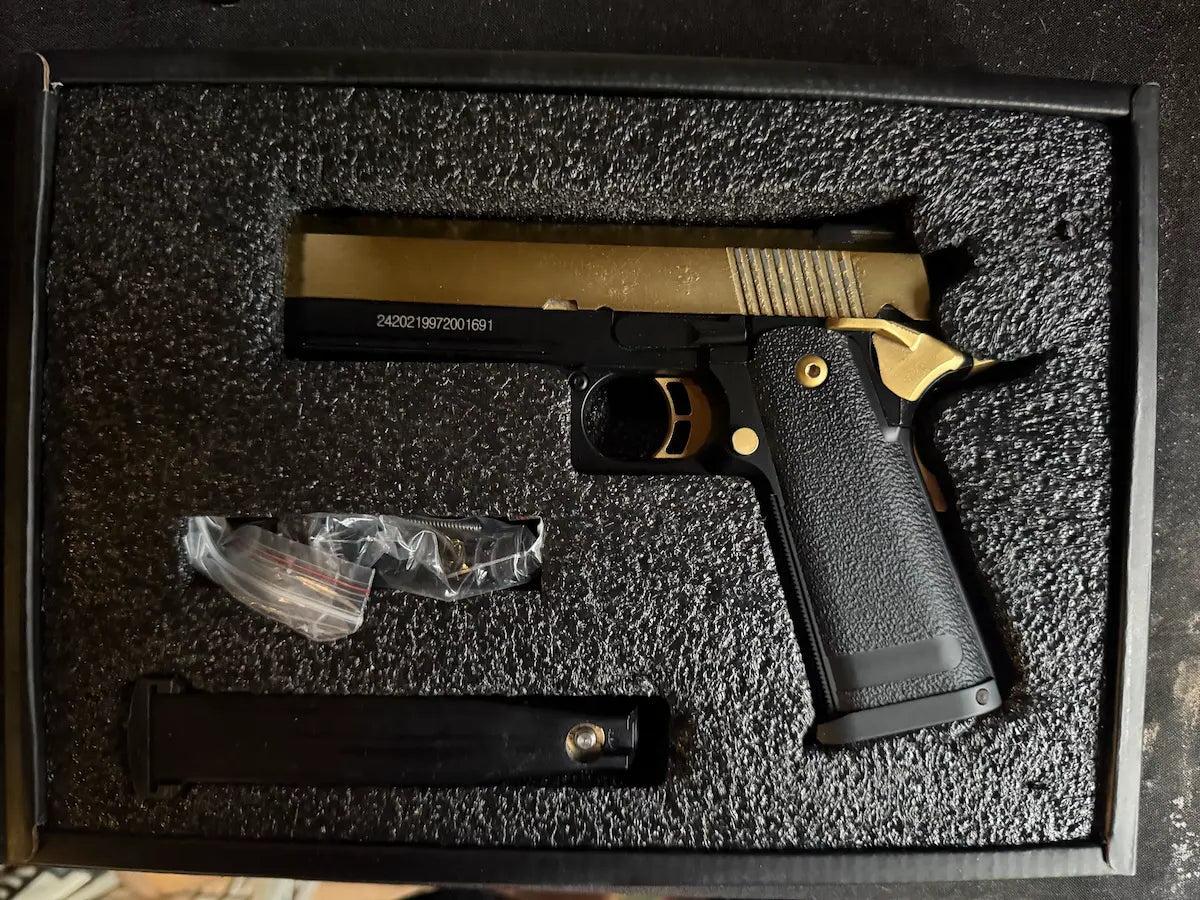 JG Works Hi-Capa 4.3 CO2 GBB Gel Blaster Pistol, Gold/Black (Mag Needs Repair)