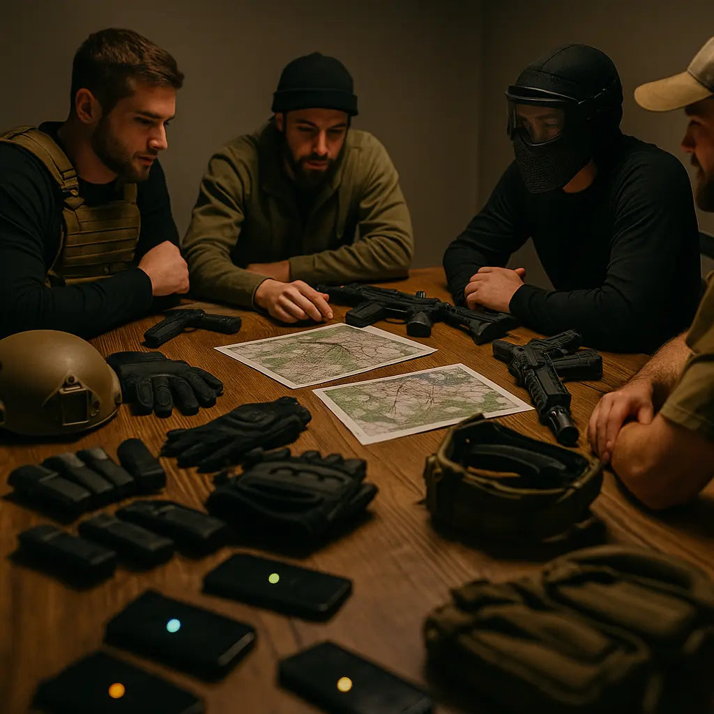 Four individuals in tactical gear around a table with weapons and maps.