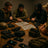 Four individuals in tactical gear around a table with weapons and maps.