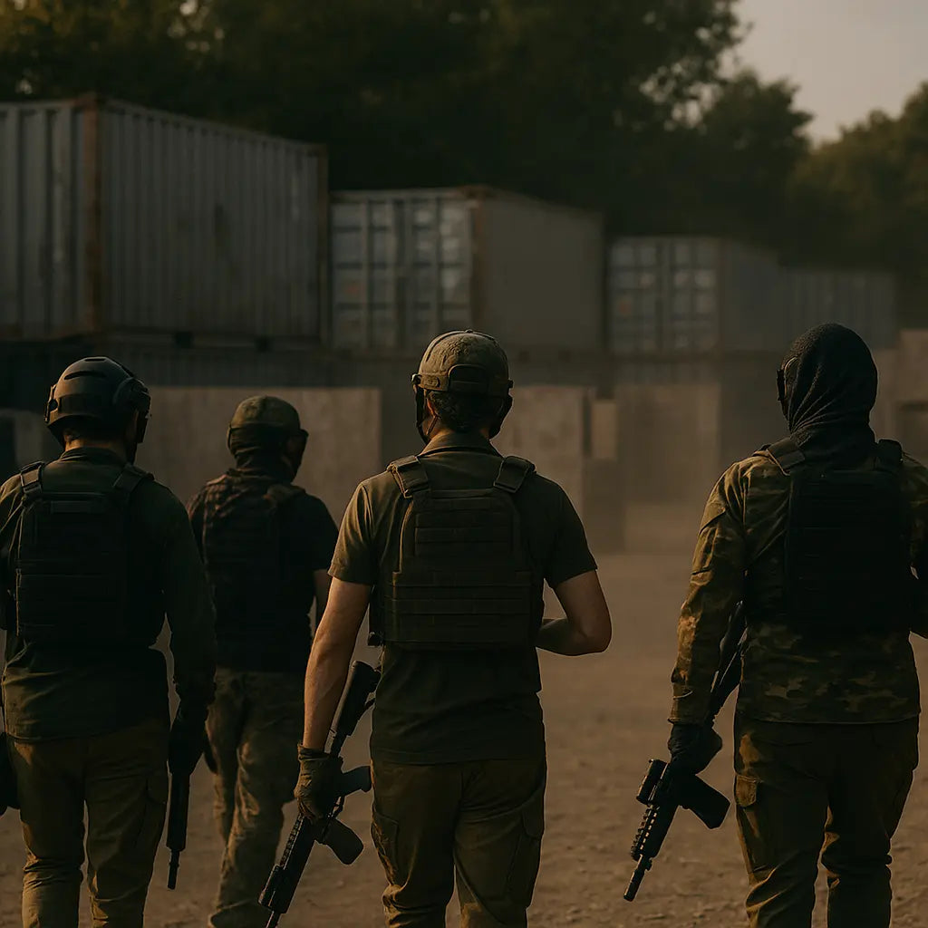Four soldiers in tactical gear walking together with rifles in a dusty outdoor setting.