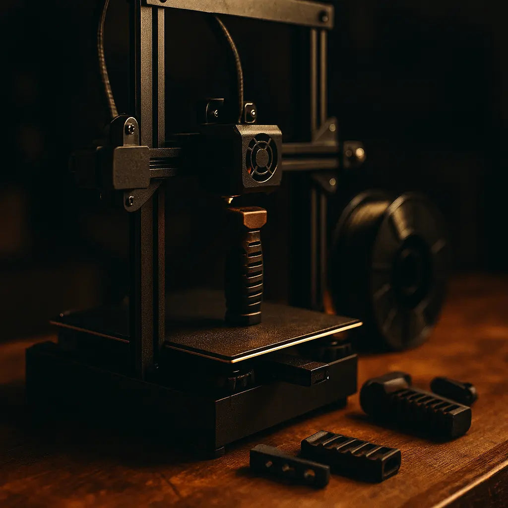3D printer on a wooden surface with components scattered around, in a warm-toned setting.